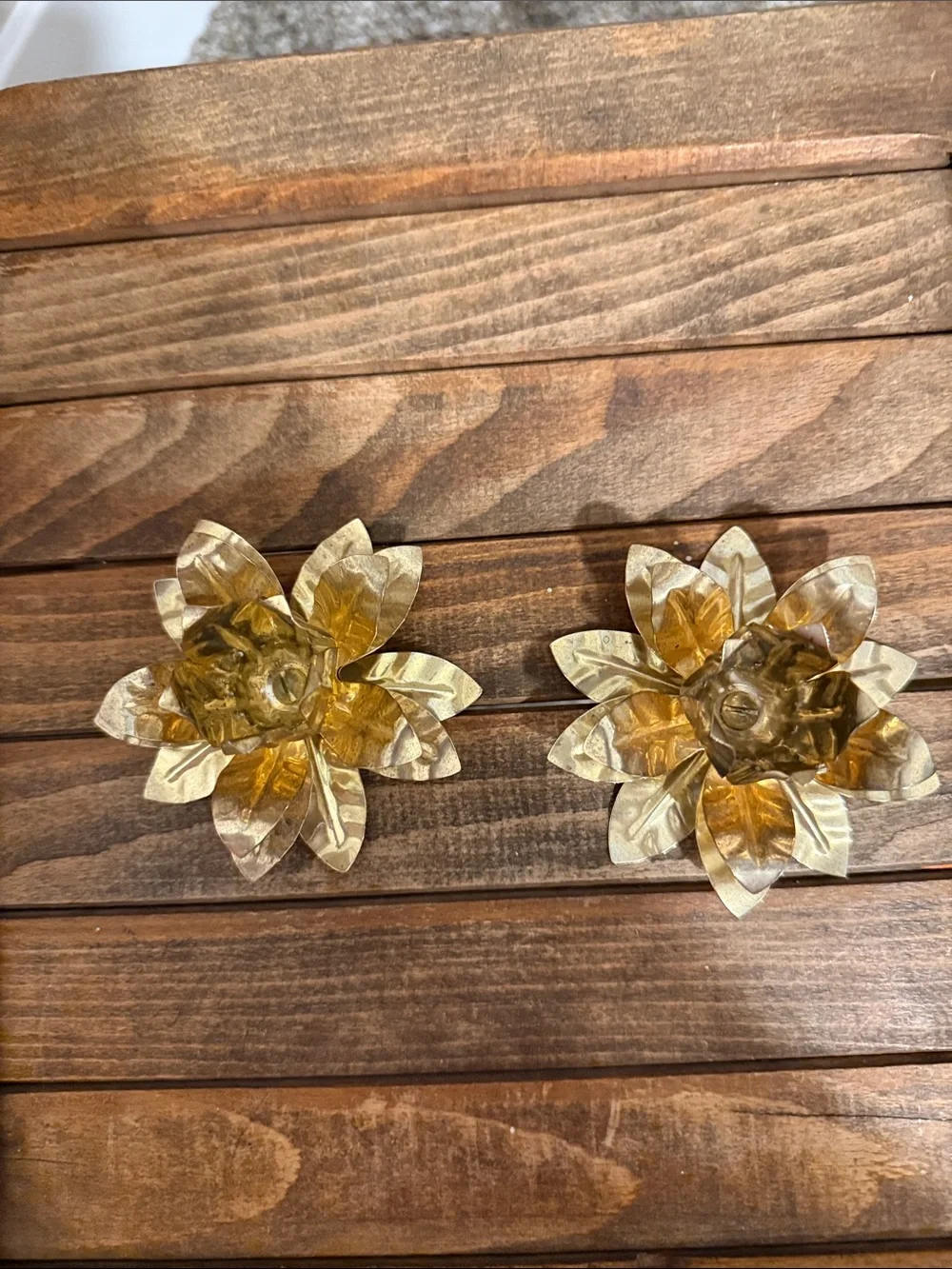 Vintage Gold Tone Metal Flower Taper Candle Holders Set of 2